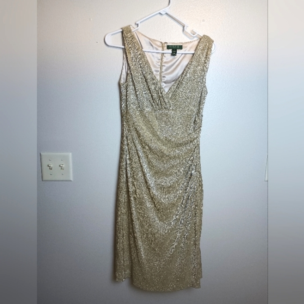 Lauren Ralph Lauren Champagne Gold Metallic Party Dress Size 4